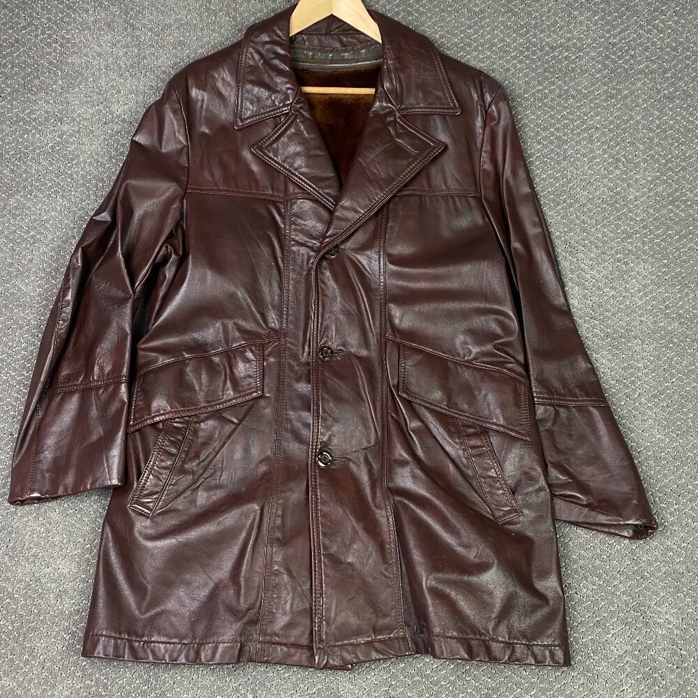 Vintage Field & Stream Leather Jacket Coat Overcoat Men's 42 Zip-In Liner 70s
